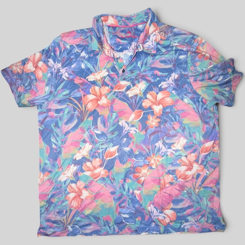 Tommy Bahama Mens XXL Tropical Floral Pima Cotton Blend Short Sleeve Polo Shirt
